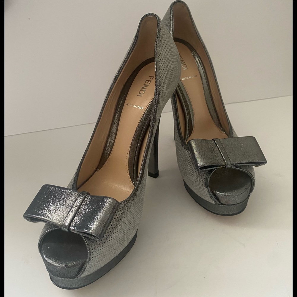 Fendi Silver Peep Toe Pumps